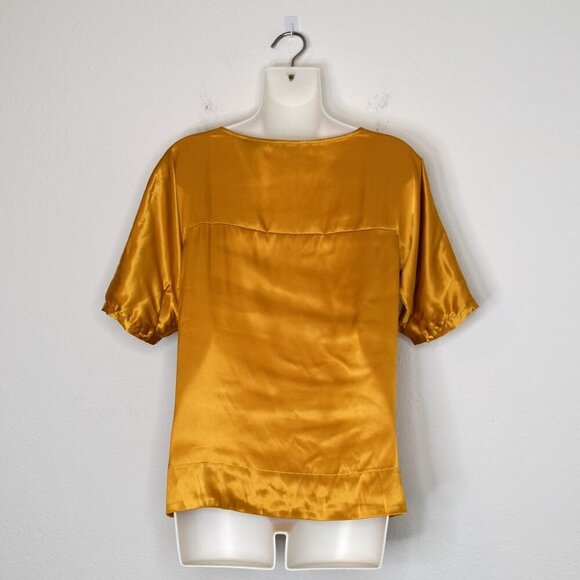 New York & Co Satin Blouse XS Draped Mustard Whimsigoth Holiday Party Cocktail - Picture 8 of 15